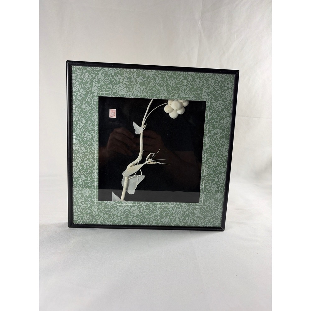 Vintage Chinese Shell Art Shadow Box Praying Mantis 3D Wall Decor 12x12